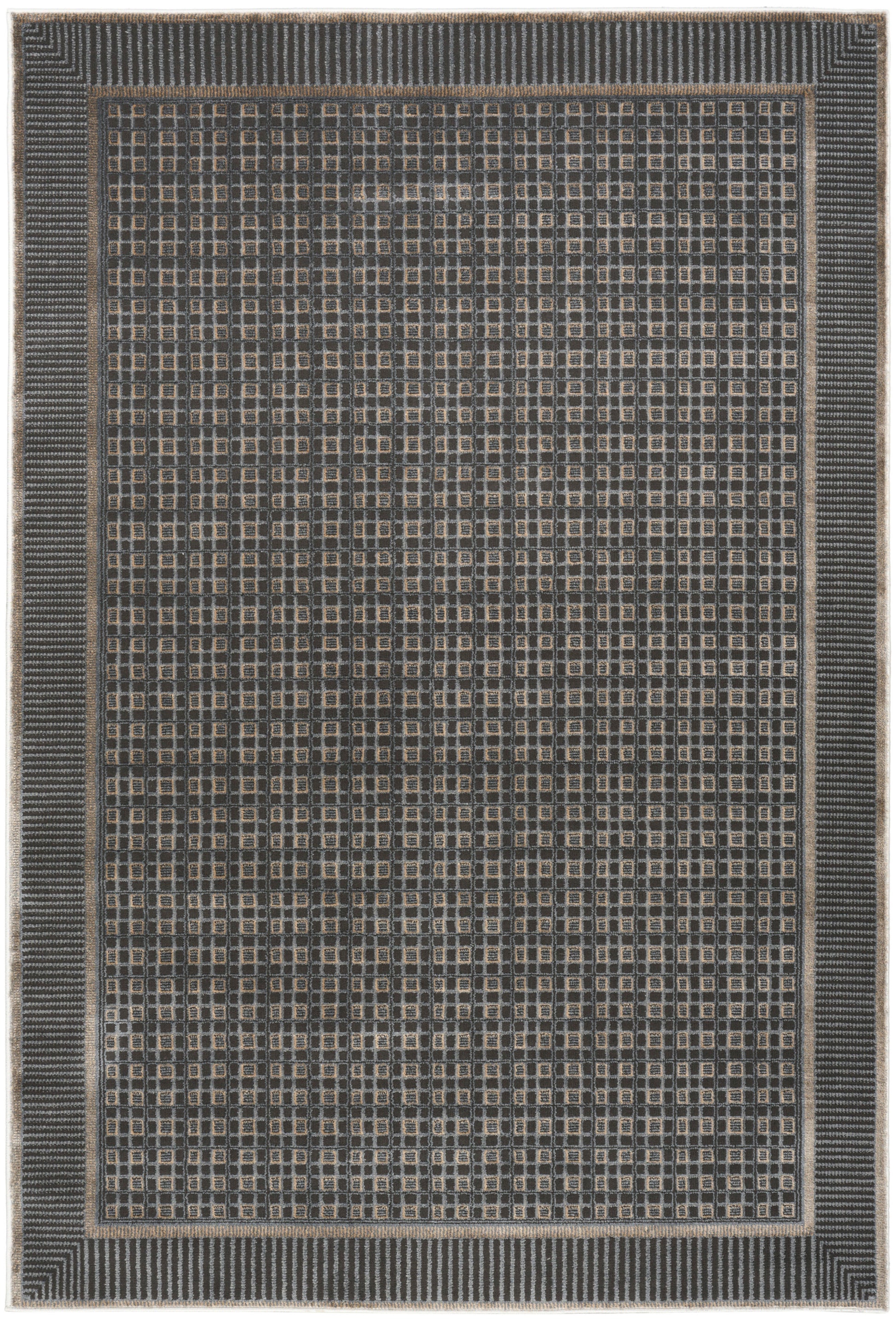 Charcoal flat-weave rug with tan square-grid pattern and striped borders; modern geometric look.