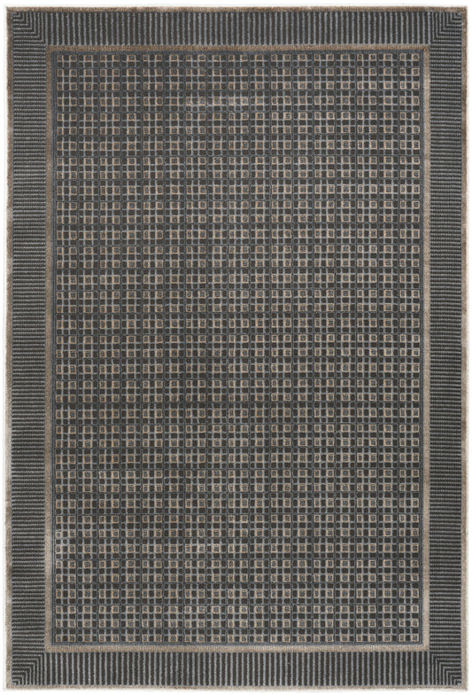 Charcoal flat-weave rug with tan square-grid pattern and striped borders; modern geometric look.