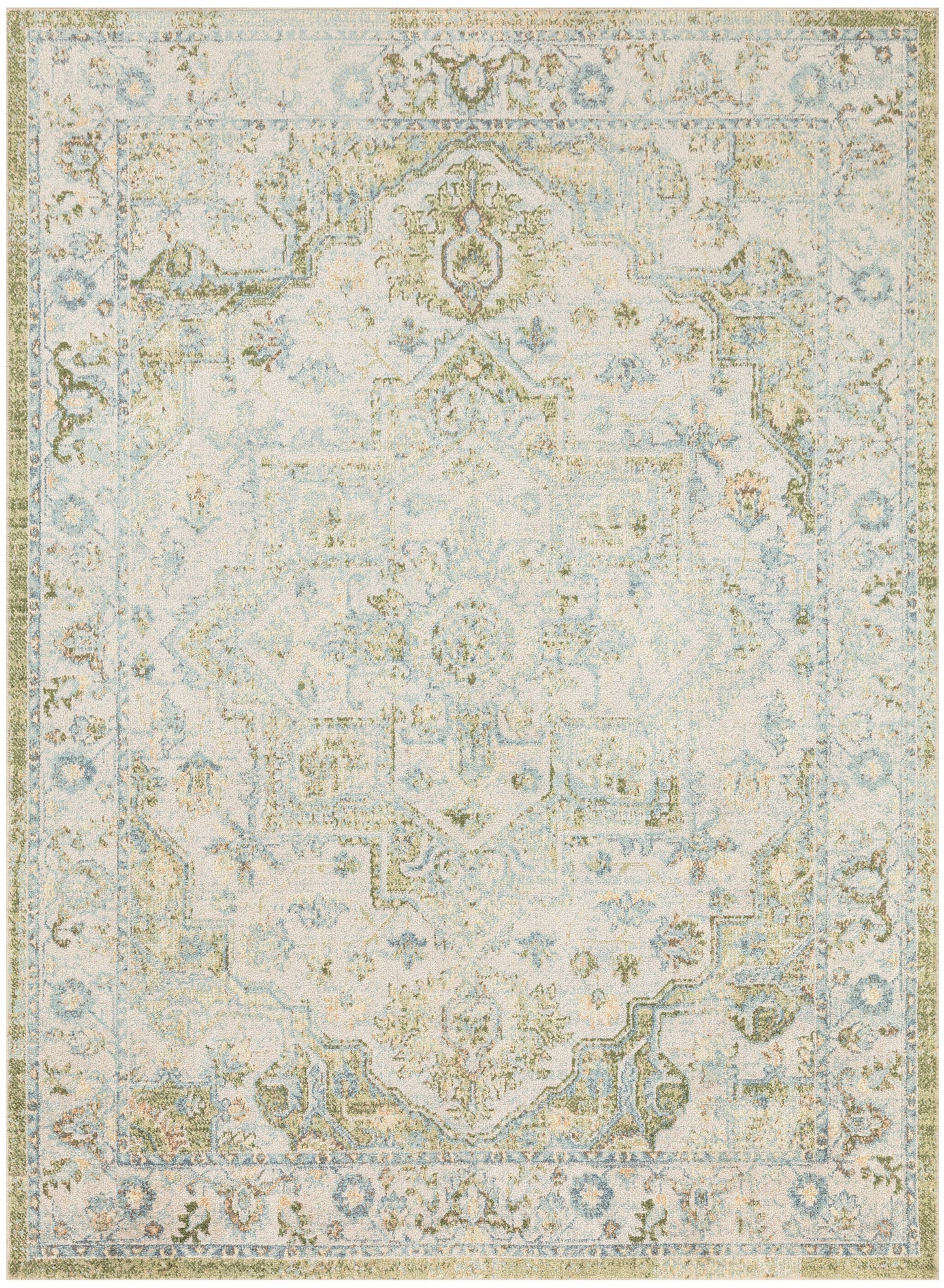 Distressed vintage oriental rug with ivory base, pale blue and taupe accents, ornate floral medallion border.