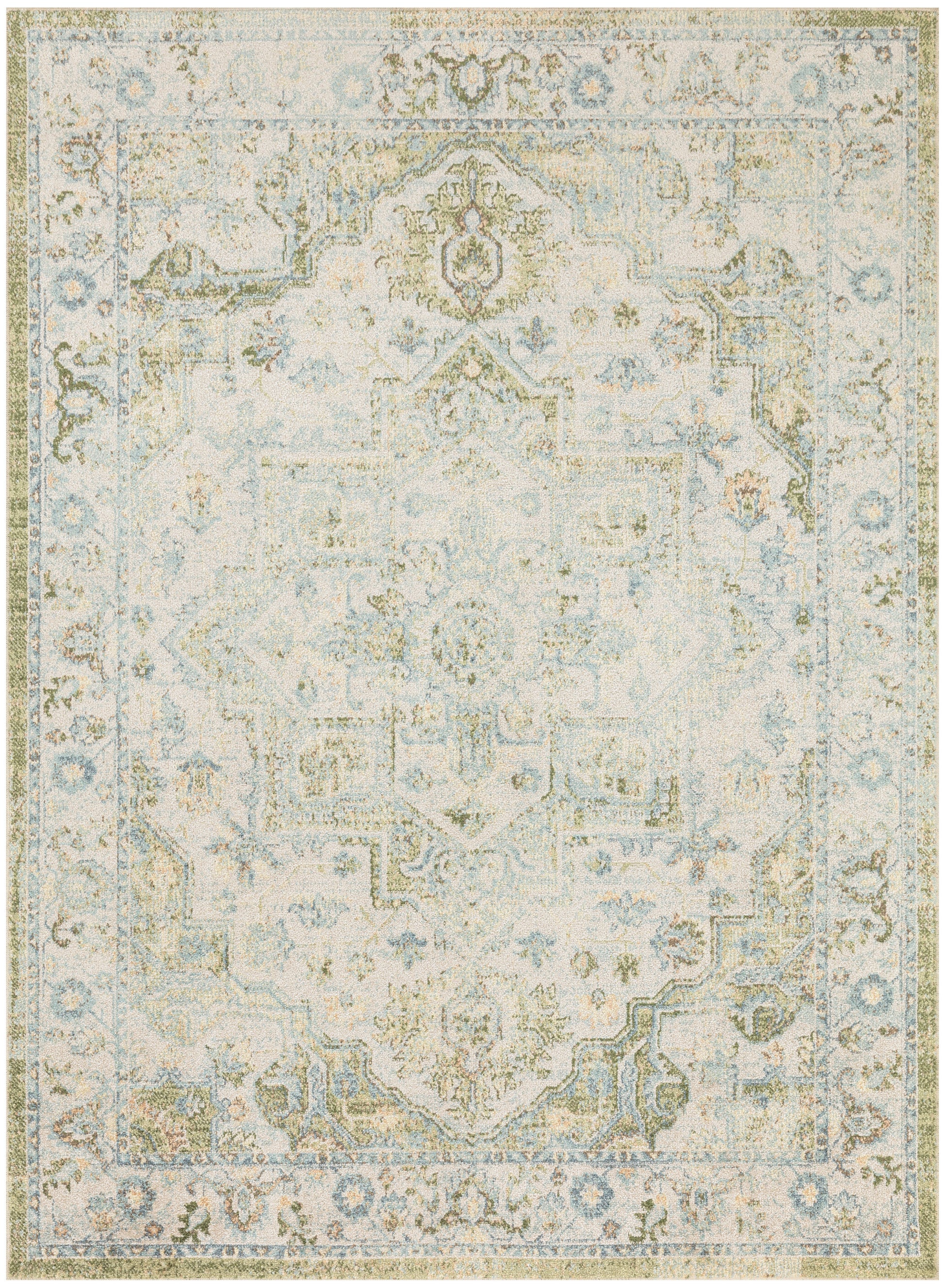Distressed vintage oriental rug with ivory base, pale blue and taupe accents, ornate floral medallion border.