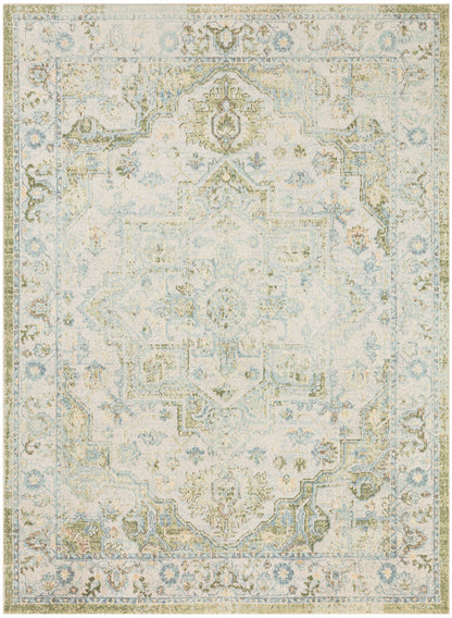 Distressed vintage oriental rug with ivory base, pale blue and taupe accents, ornate floral medallion border.
