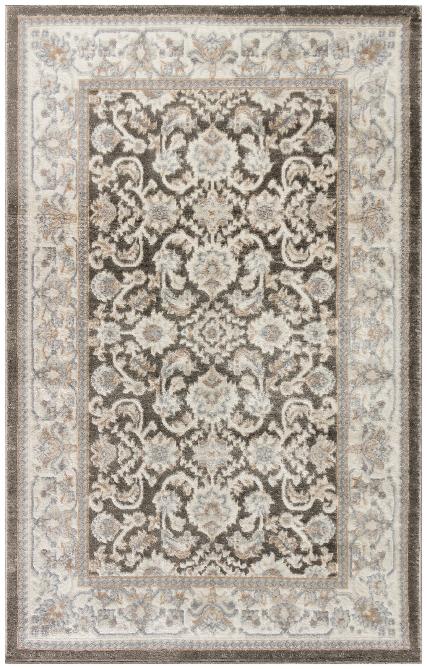 Ornate oriental rug with dark central field and cream-beige-blue floral pattern in a soft, decorative border.