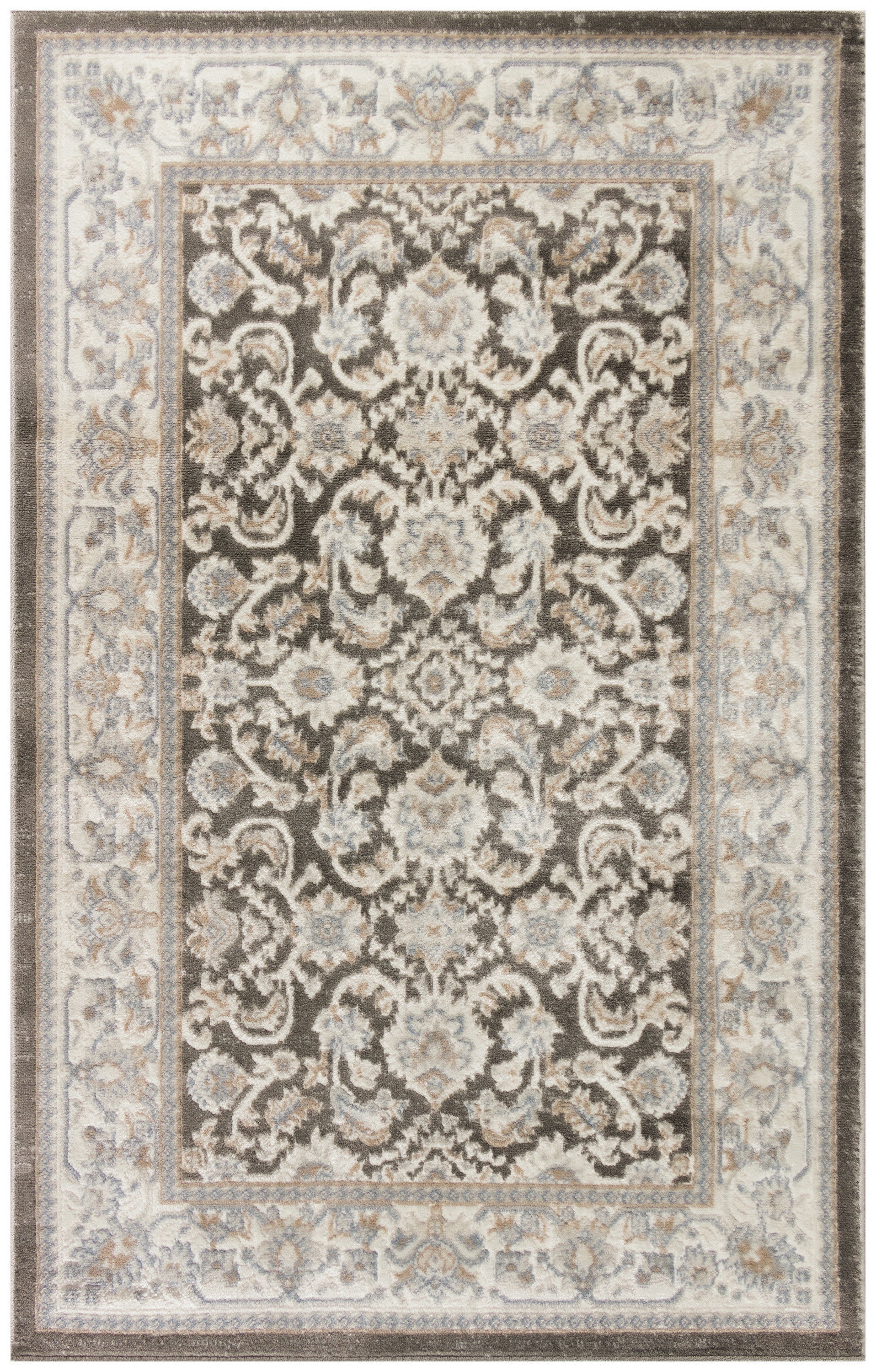 Ornate oriental rug with dark central field and cream-beige-blue floral pattern in a soft, decorative border.