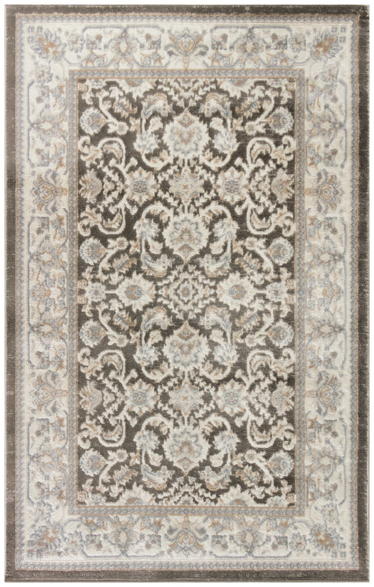 Ornate oriental rug with dark central field and cream-beige-blue floral pattern in a soft, decorative border.