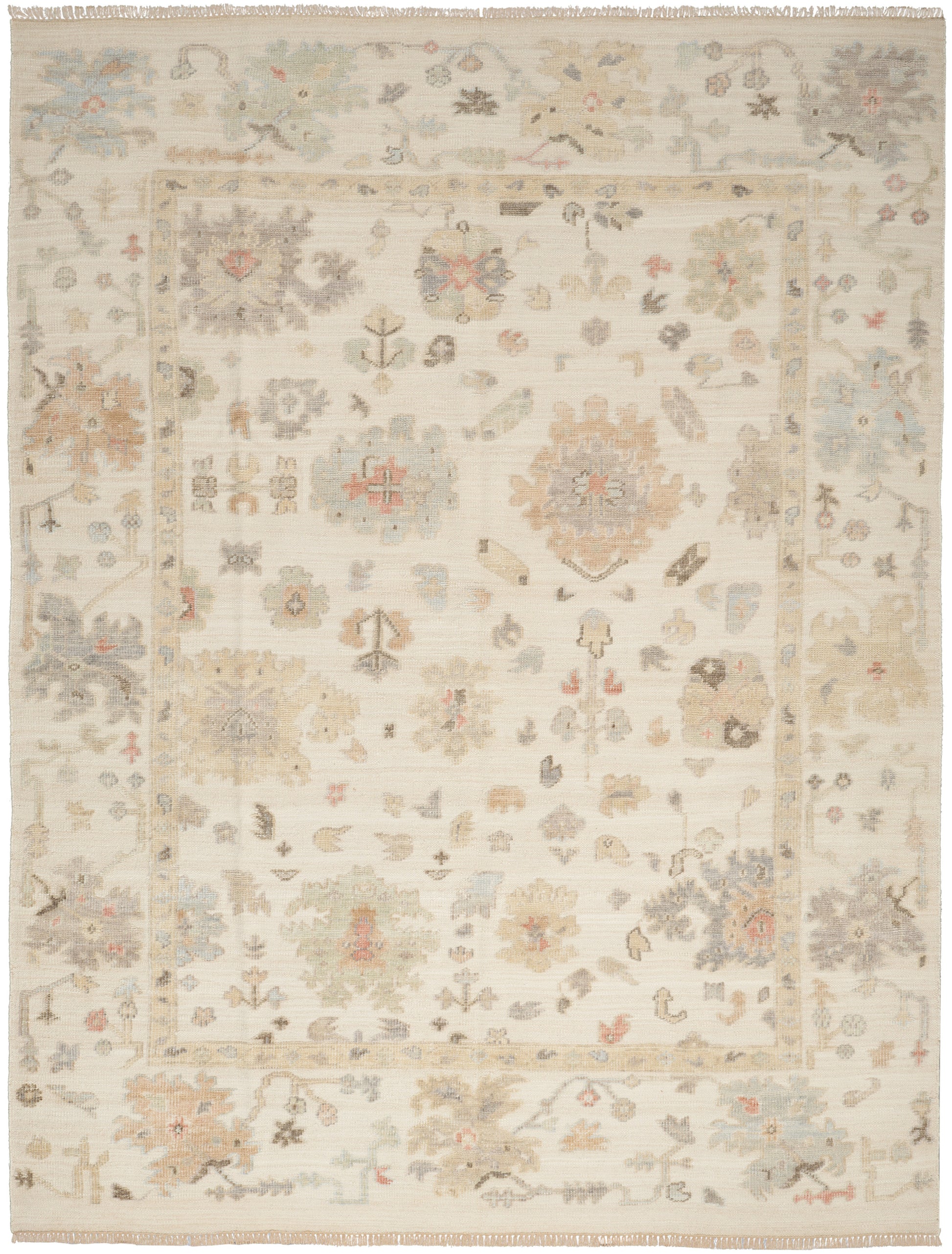 Rectangular ivory rug with pastel floral motifs and light border; traditional Oriental-inspired design, fringed ends.