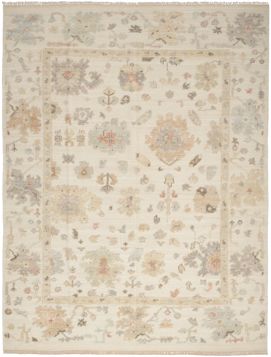 Rectangular ivory rug with pastel floral motifs and light border; traditional Oriental-inspired design, fringed ends.