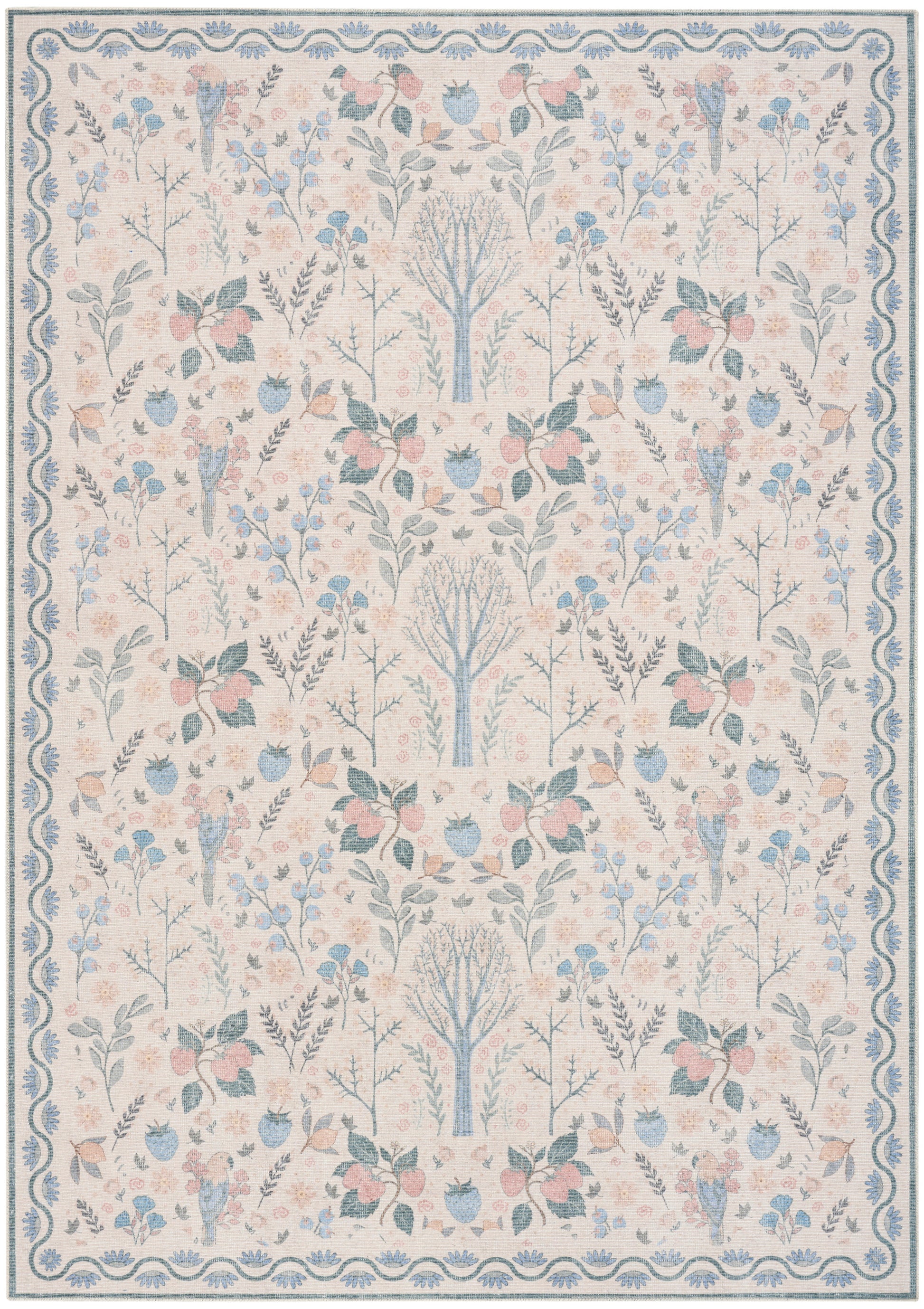 Rectangular rug with ivory background, pastel blue and pink florals and trees, blue wavy border.