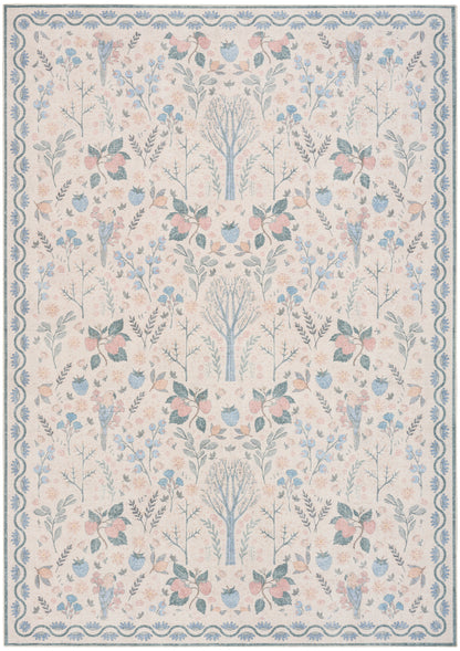 Rectangular rug with ivory background, pastel blue and pink florals and trees, blue wavy border.