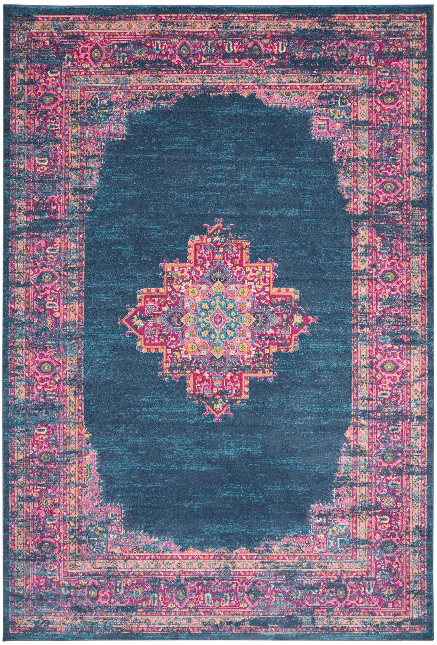 Teal distressed oriental rug with vivid pink border and multicolor central medallion.