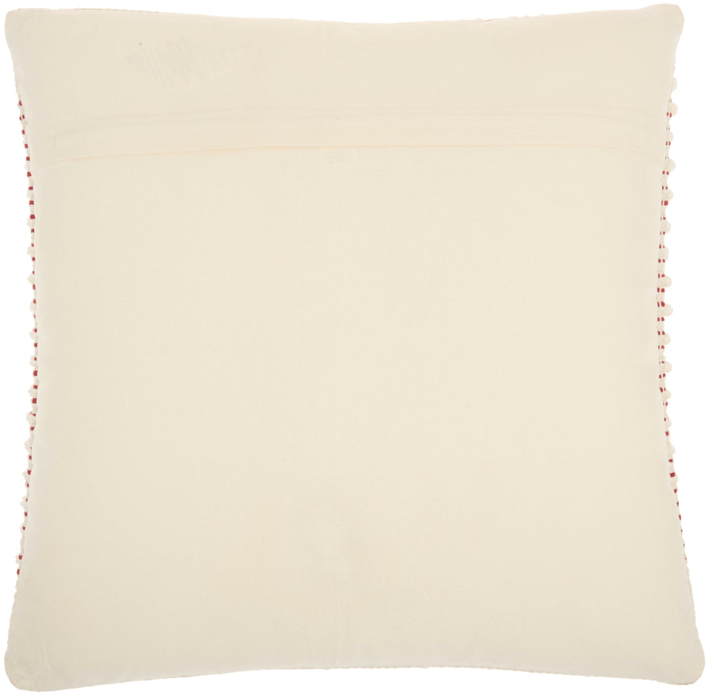 Cream square throw pillow with red pom-pom trim along edges.