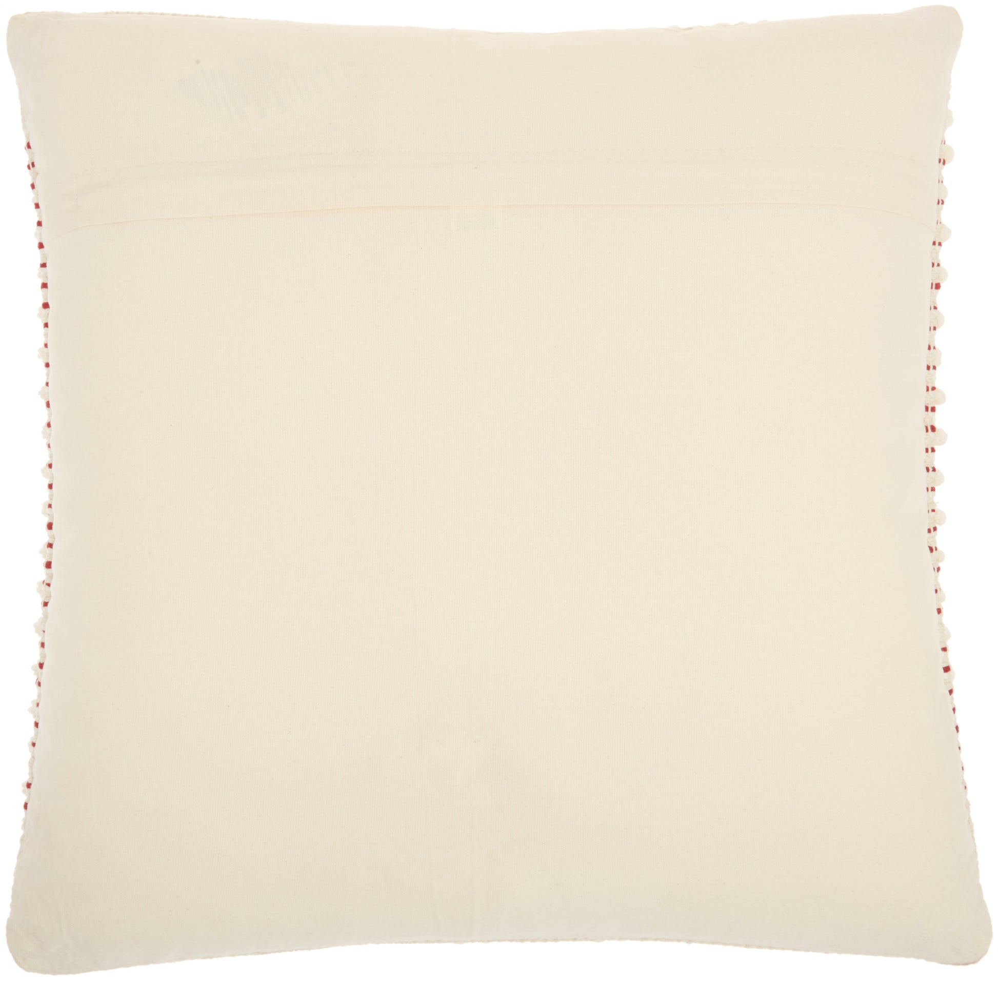 Cream square throw pillow with red pom-pom trim along edges.