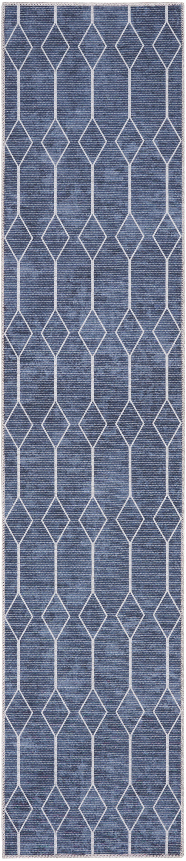 Blue denim-style runner rug with white diamond lattice pattern and pale border.
