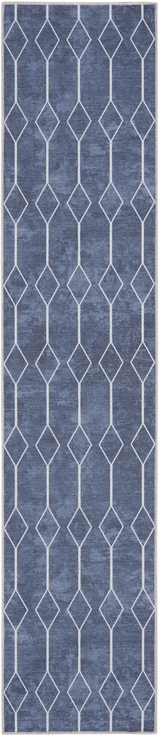 Blue denim-style runner rug with white diamond lattice pattern and pale border.