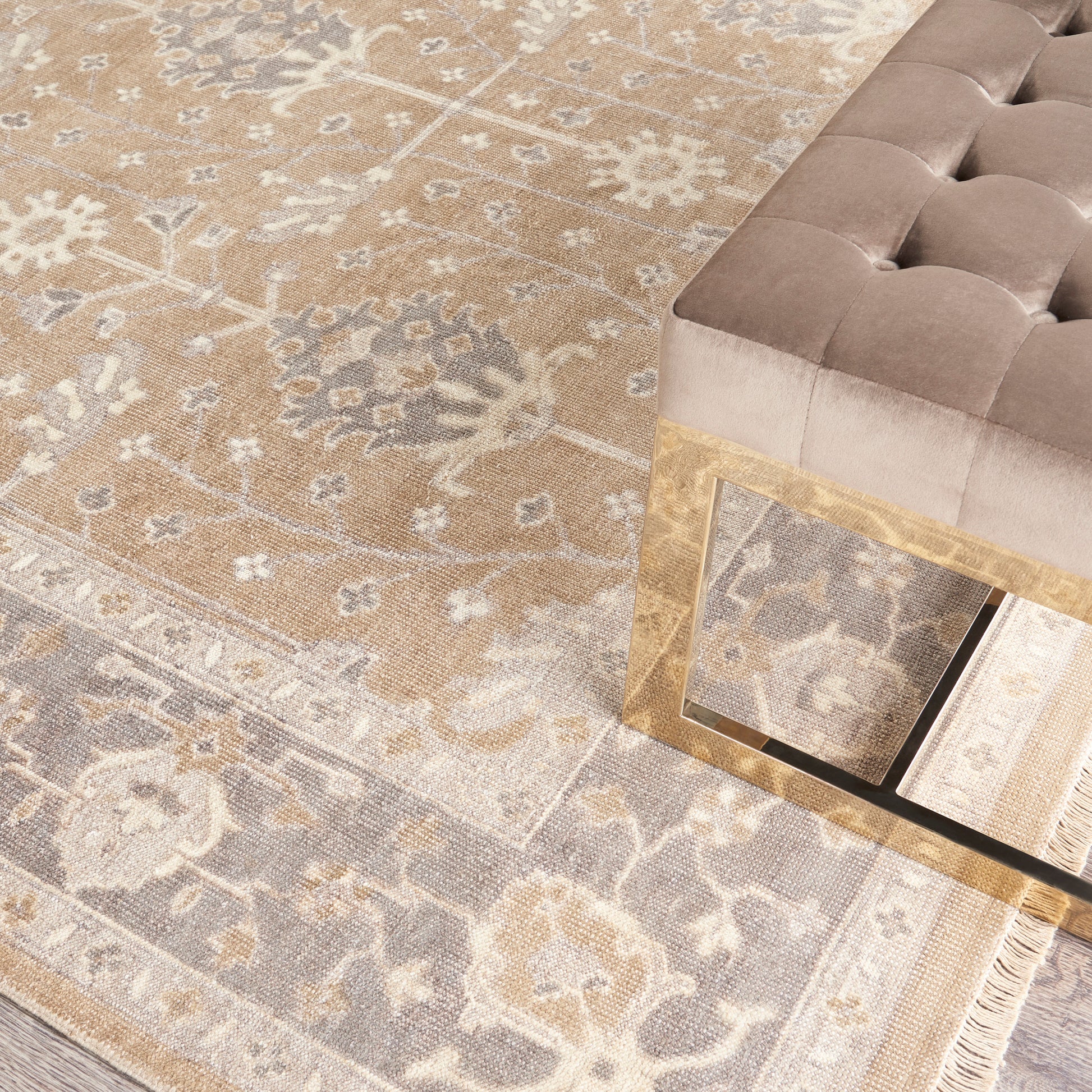 Vintage beige floral oriental rug, 9' x 12'.