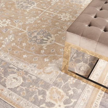 Vintage beige floral oriental rug, 9' x 12'.