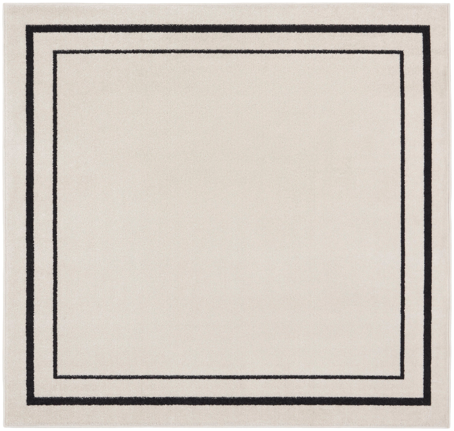 Beige rectangular rug with black nested square borders, minimalist geometric design.