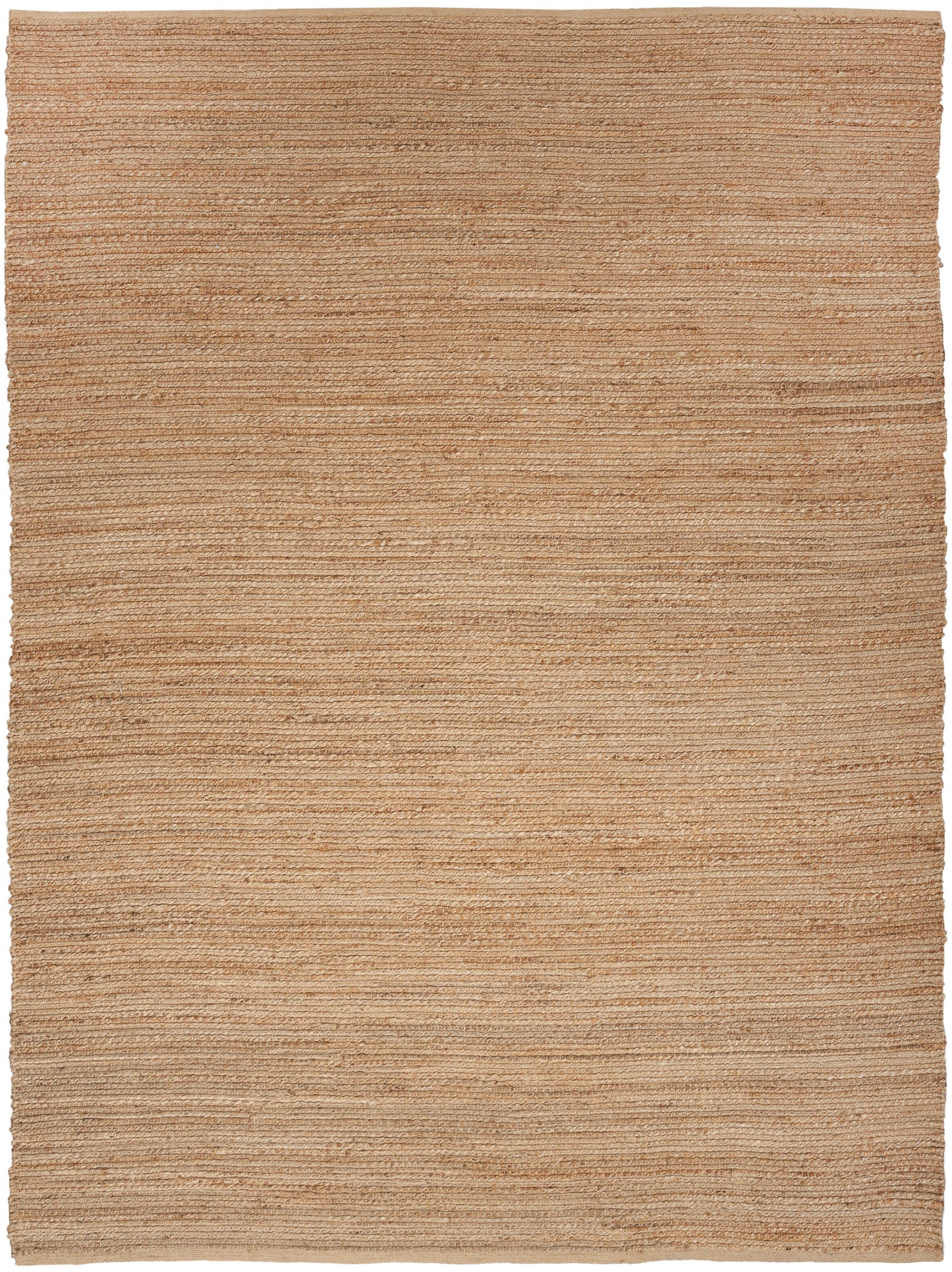 Natural beige jute rug with horizontal ribbing; rectangular, farmhouse style for living spaces.