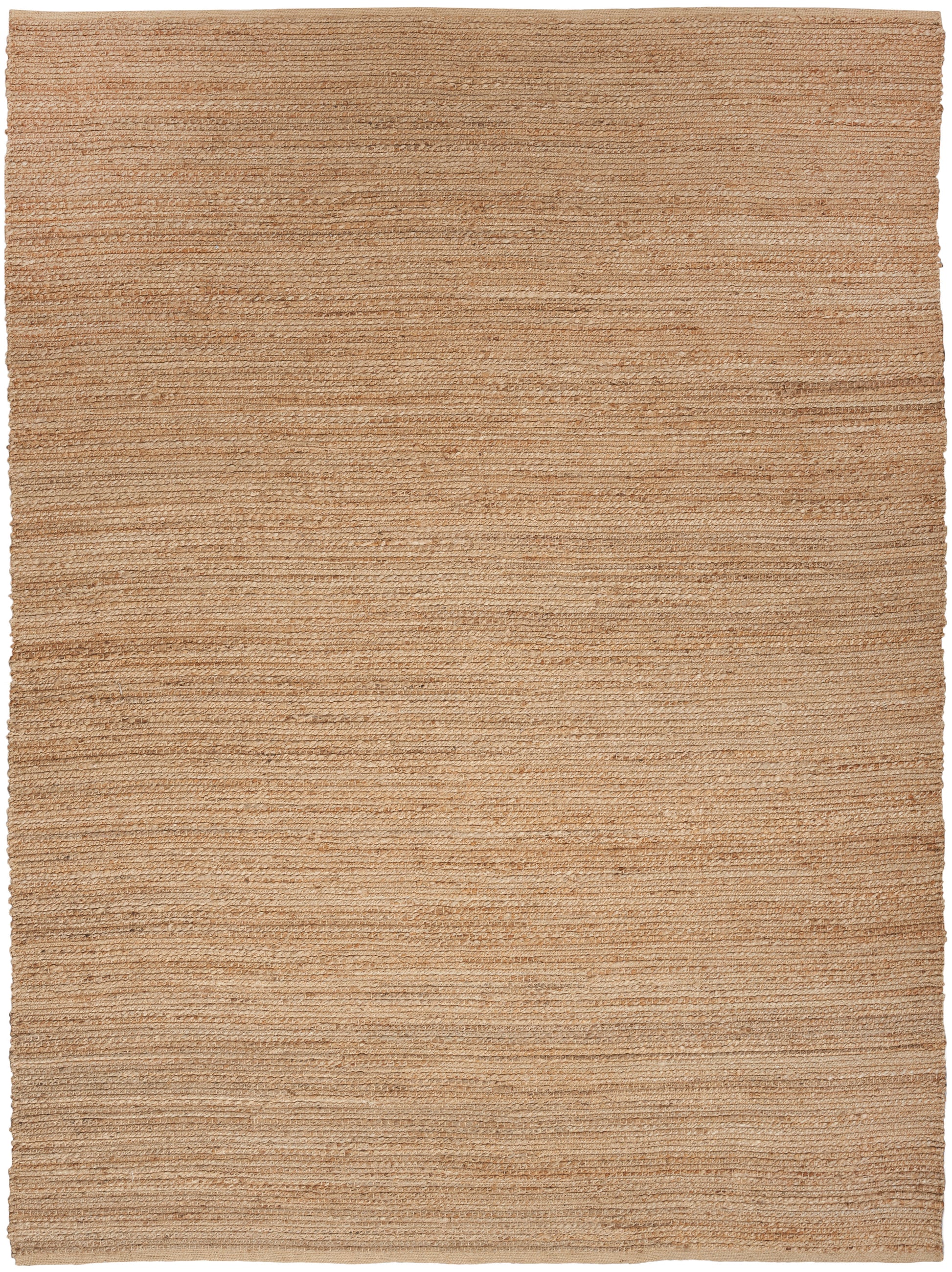Natural beige jute rug with horizontal ribbing; rectangular, farmhouse style for living spaces.