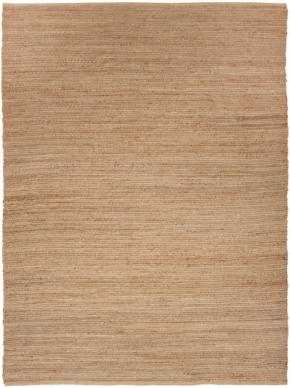 Natural beige jute rug with horizontal ribbing; rectangular, farmhouse style for living spaces.