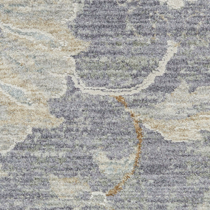 Grey and cream abstract rug with soft texture and a thin gold curved accent.