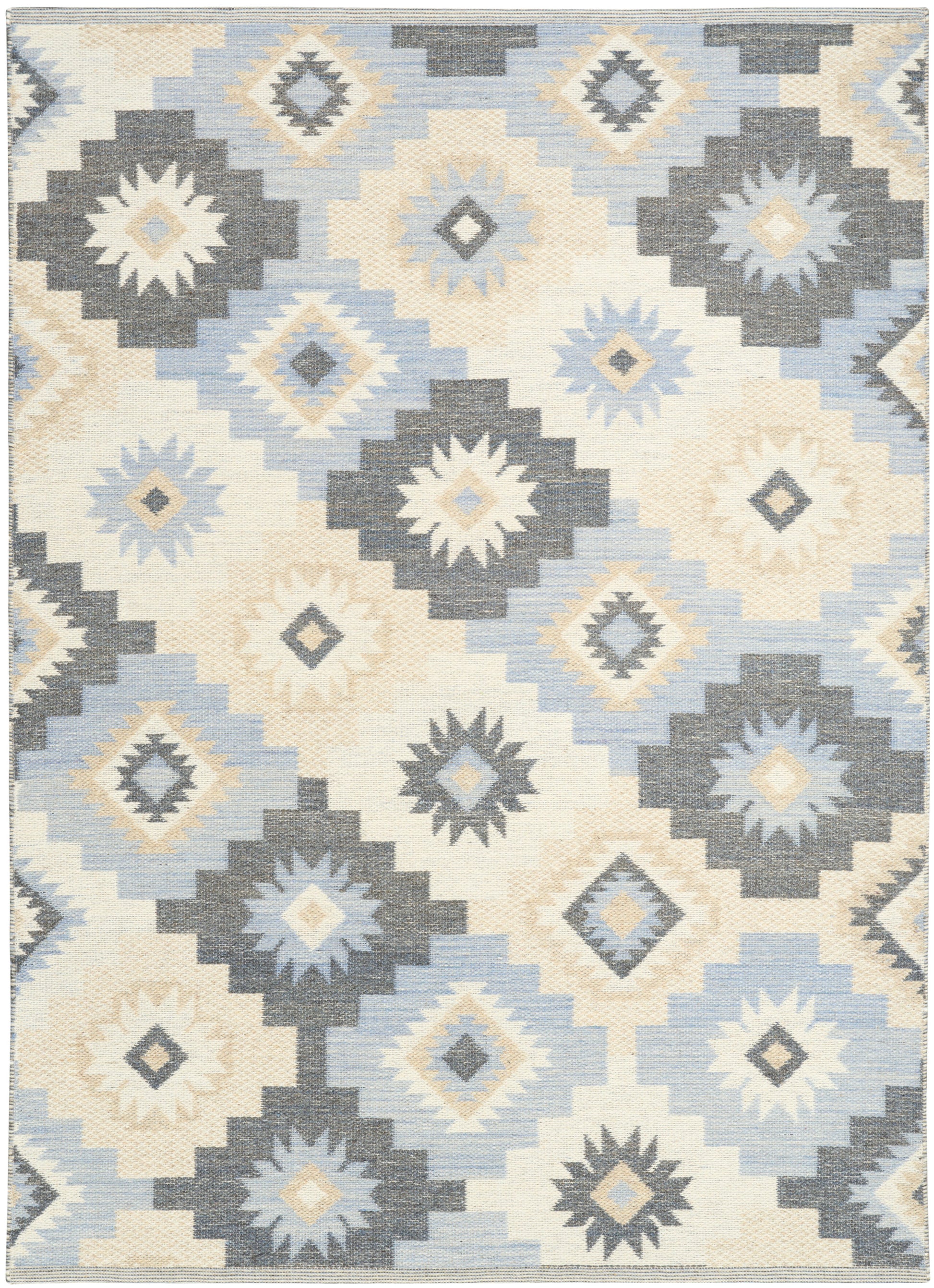 Rectangular kilim-style rug with cream, light blue, and gray diamond star motifs in a stepped geometric pattern.