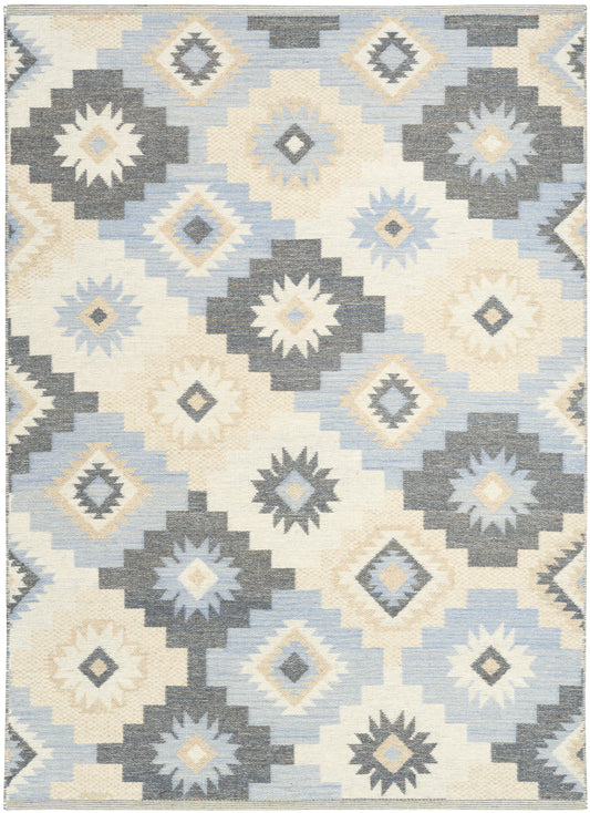 Rectangular kilim-style rug with cream, light blue, and gray diamond star motifs in a stepped geometric pattern.