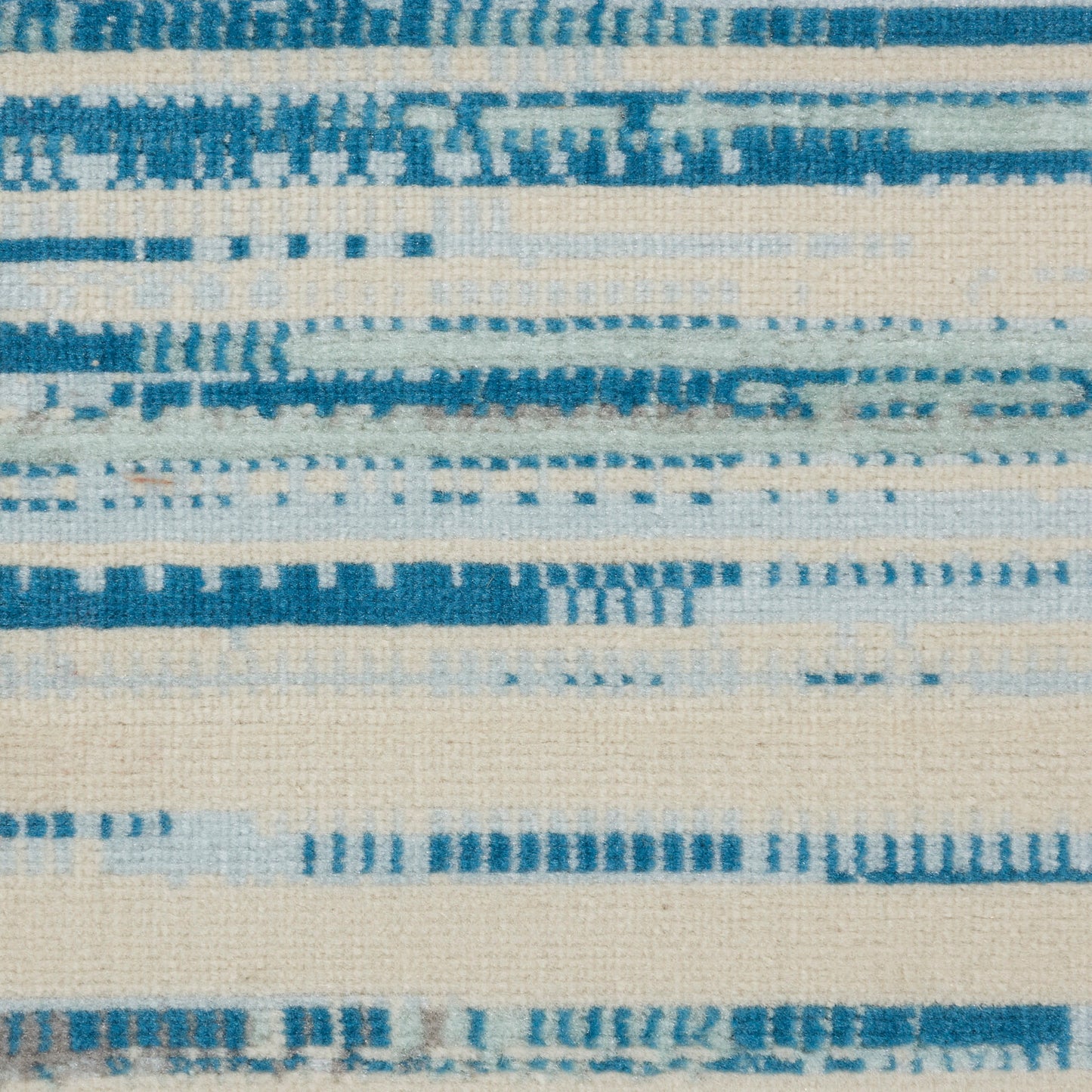 Blue and cream woven textile with irregular horizontal stripes and textured pattern.