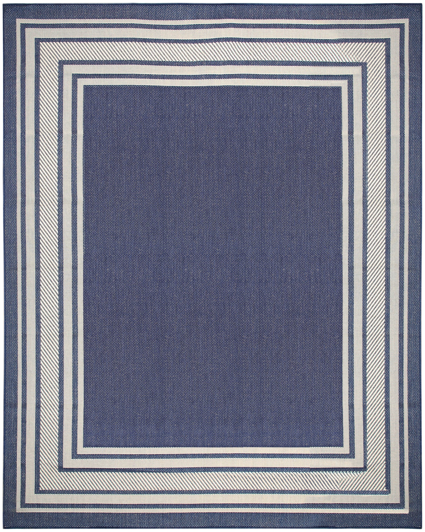 Navy blue rectangular woven rug with cream nested borders forming a geometric frame.