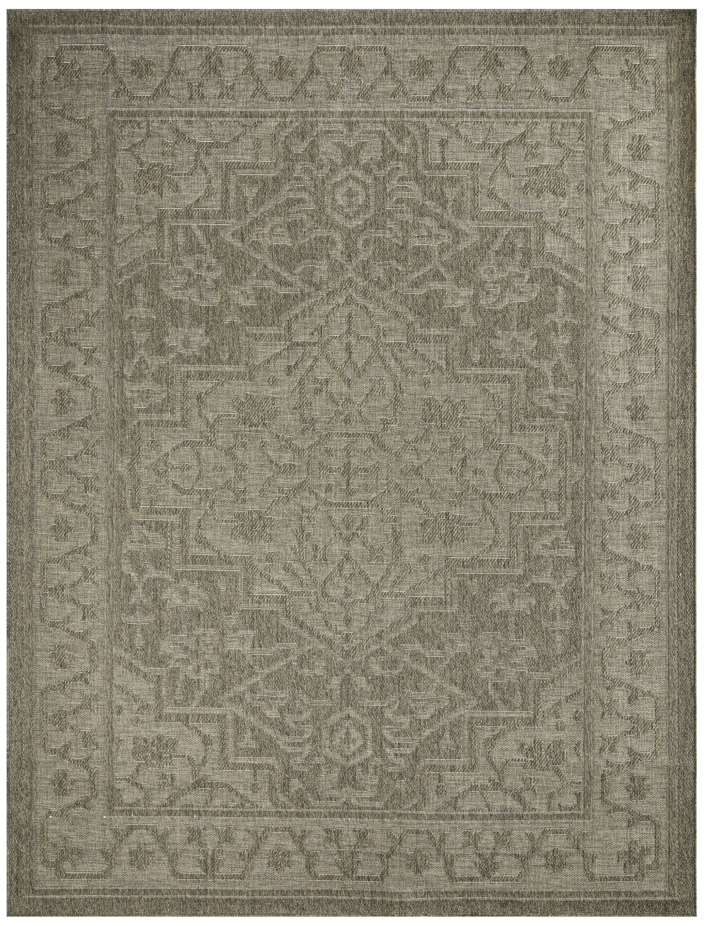 Muted taupe-gray outdoor rug with a central medallion and intricate floral border.