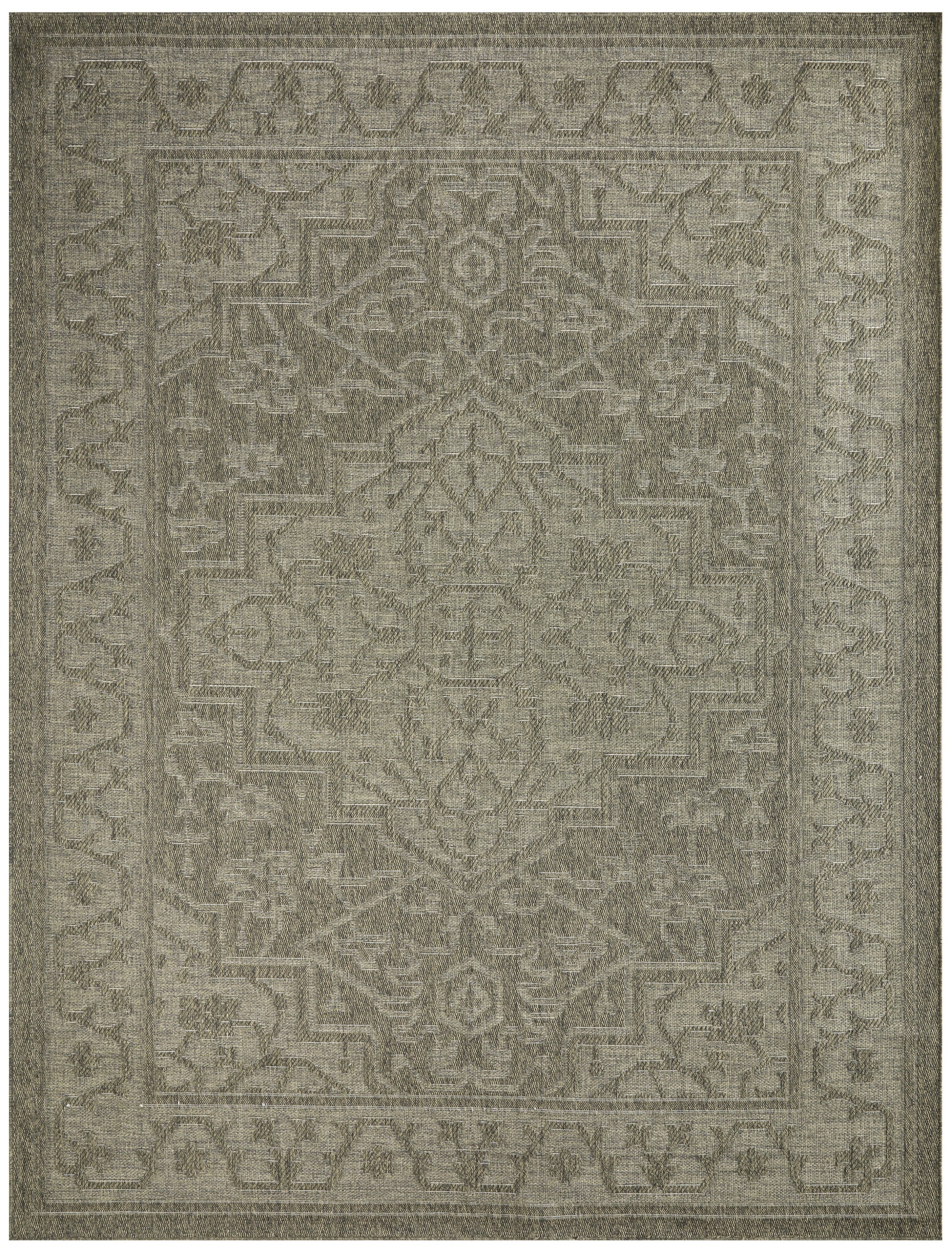 Muted taupe-gray outdoor rug with a central medallion and intricate floral border.