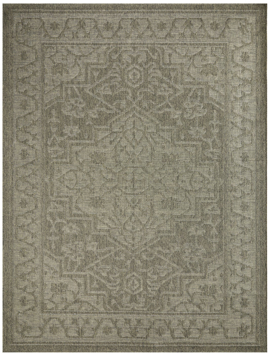 Muted taupe-gray outdoor rug with a central medallion and intricate floral border.