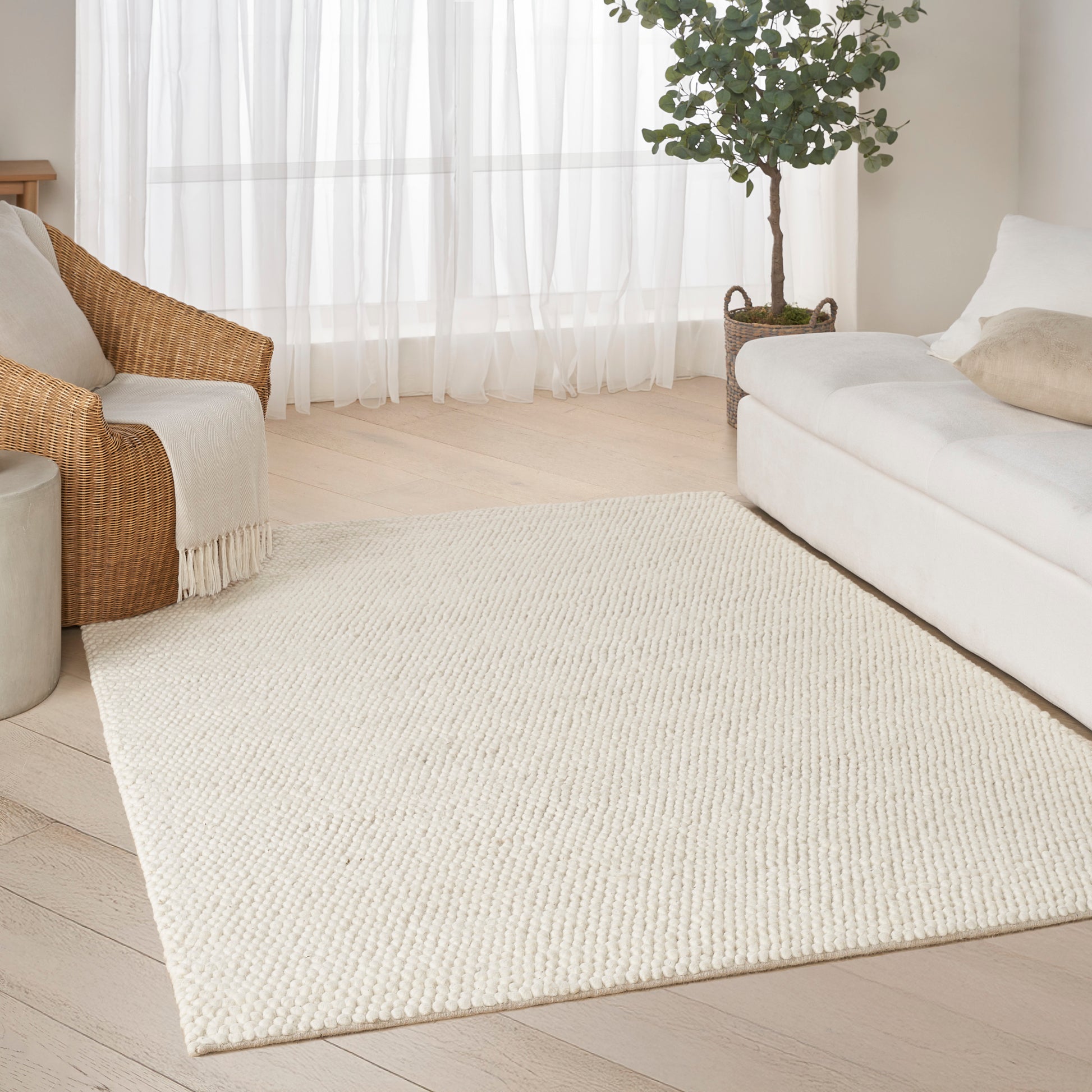 Cream textured area rug on light wood floor in a bright living room with a beige woven armchair, white sofa and potted plant.