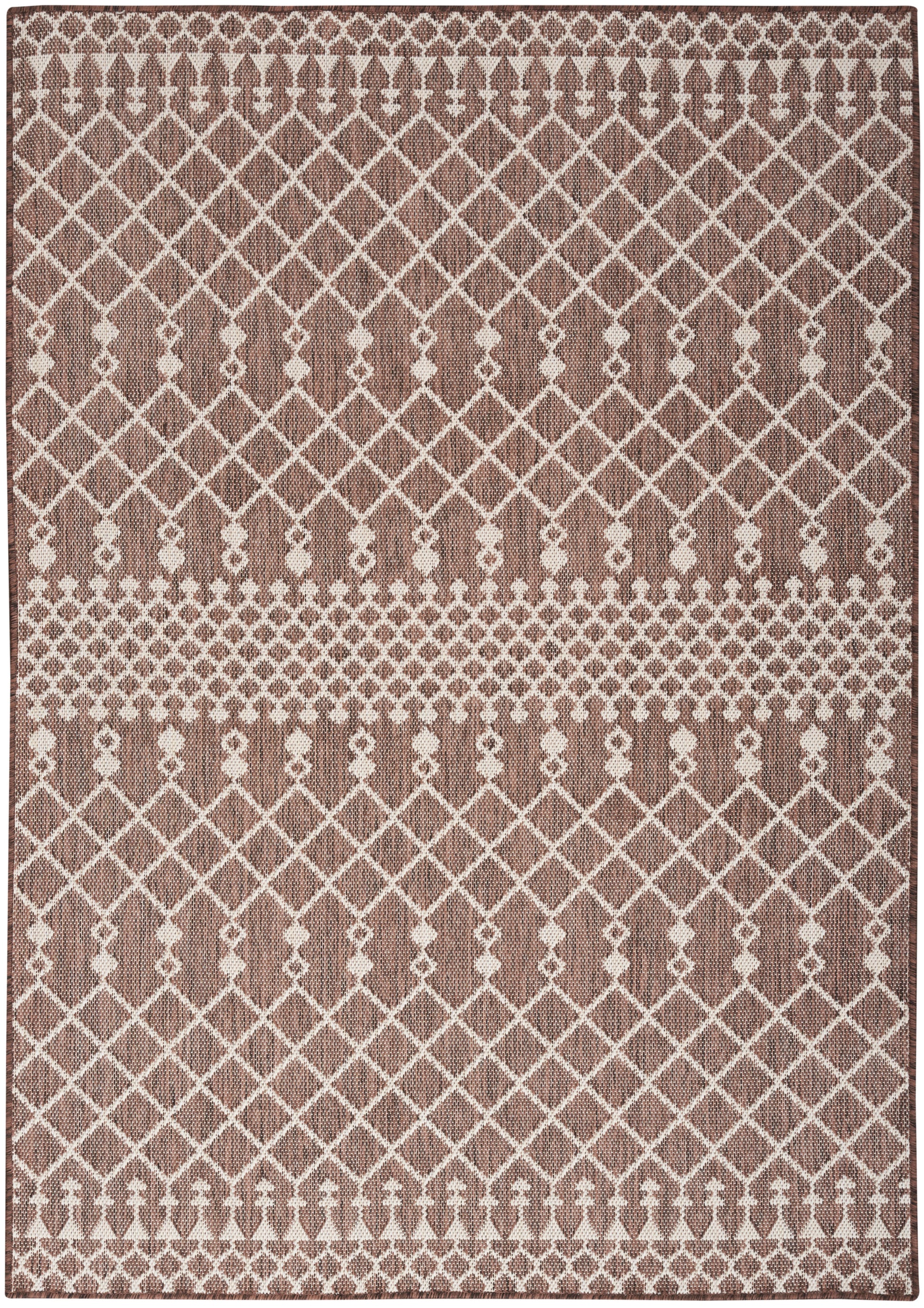 Rectangular brown and ivory rug with diamond lattice pattern and decorative border bands.
