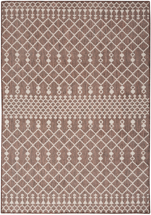 Rectangular brown and ivory rug with diamond lattice pattern and decorative border bands.