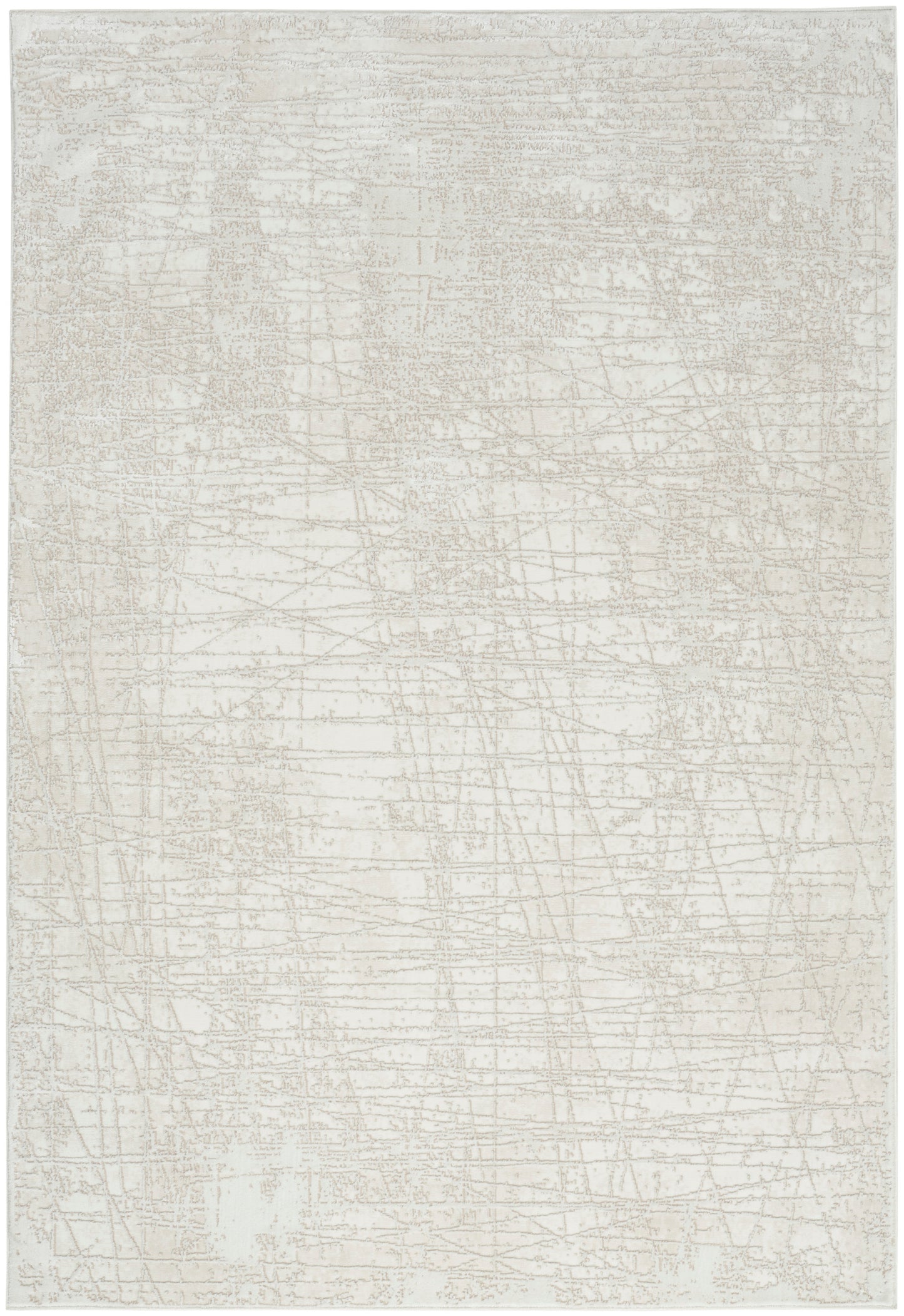 Rectangular ivory area rug with a soft beige distressed abstract linear pattern and subtle texture.