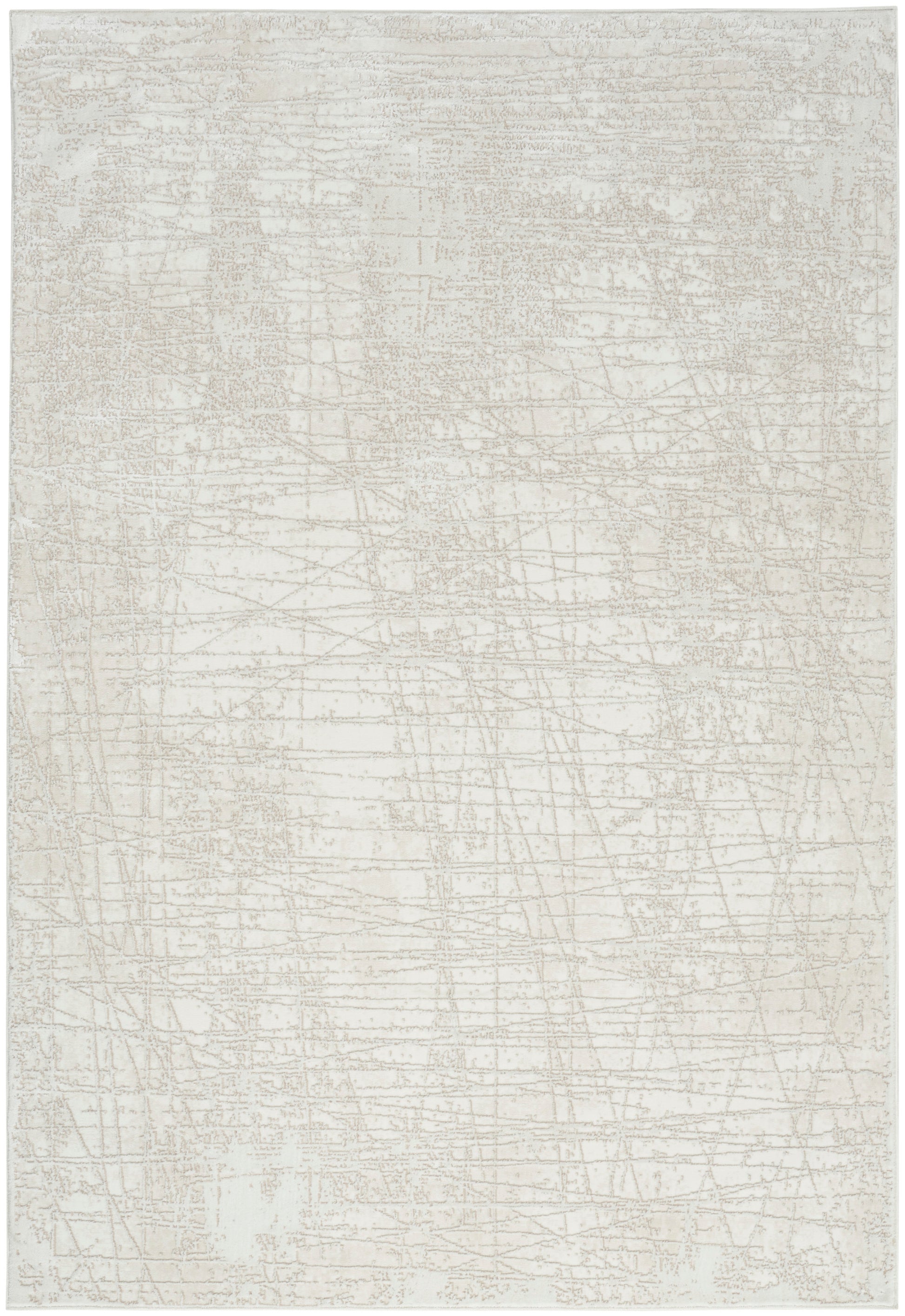 Rectangular ivory area rug with a soft beige distressed abstract linear pattern and subtle texture.