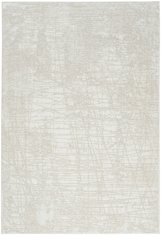Rectangular ivory area rug with a soft beige distressed abstract linear pattern and subtle texture.