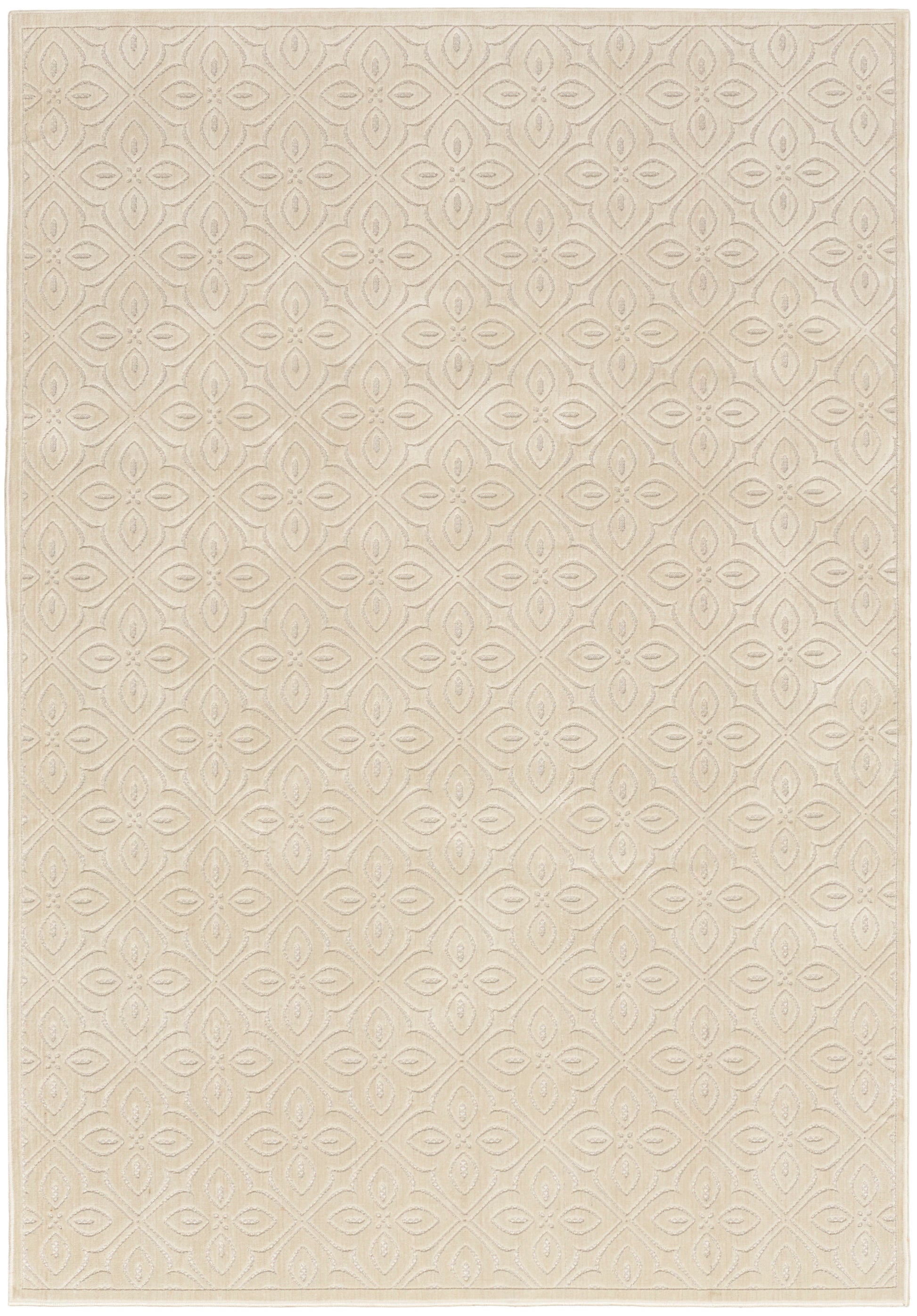 Beige textured woven area rug with a subtle repeating geometric pattern; rectangular, neutral-toned, 5' x 7'.