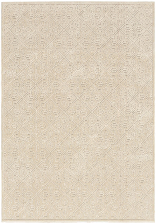 Beige textured woven area rug with a subtle repeating geometric pattern; rectangular, neutral-toned, 5' x 7'.