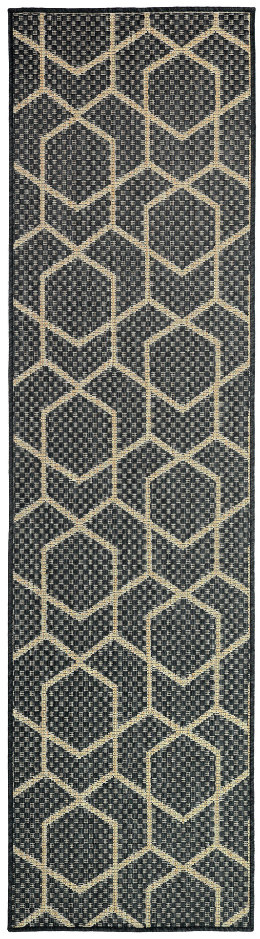 Navy flat-weave runner rug with beige geometric lattice pattern; modern kilim-inspired hallway decor.