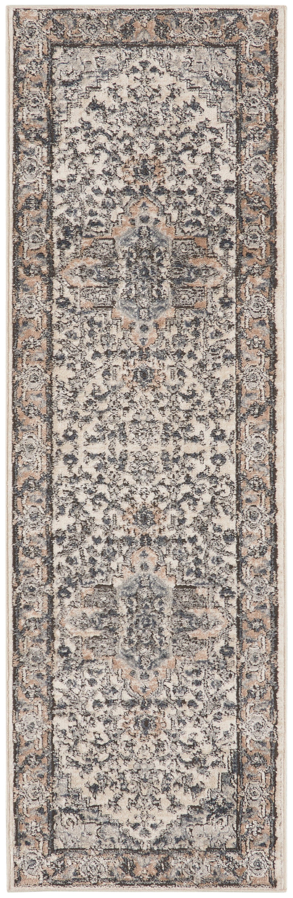 Persian-style runner rug with ivory, blue and gray intricate floral medallion pattern and bordered edges.