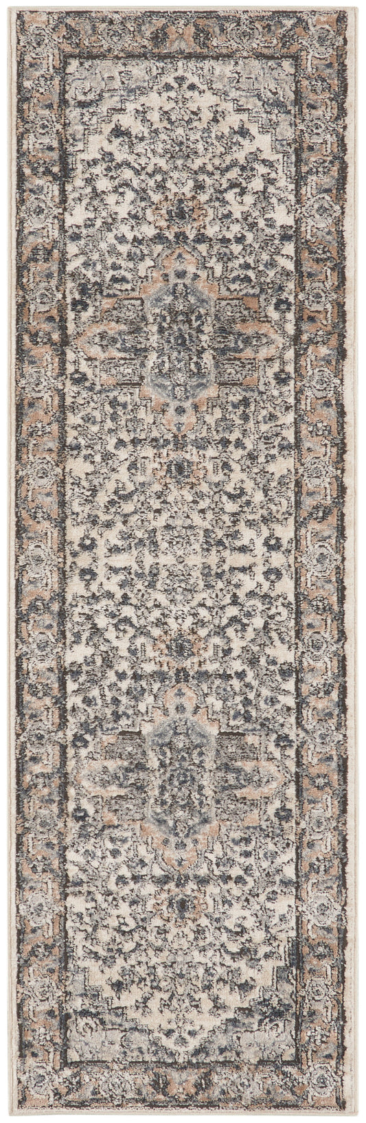 Persian-style runner rug with ivory, blue and gray intricate floral medallion pattern and bordered edges.