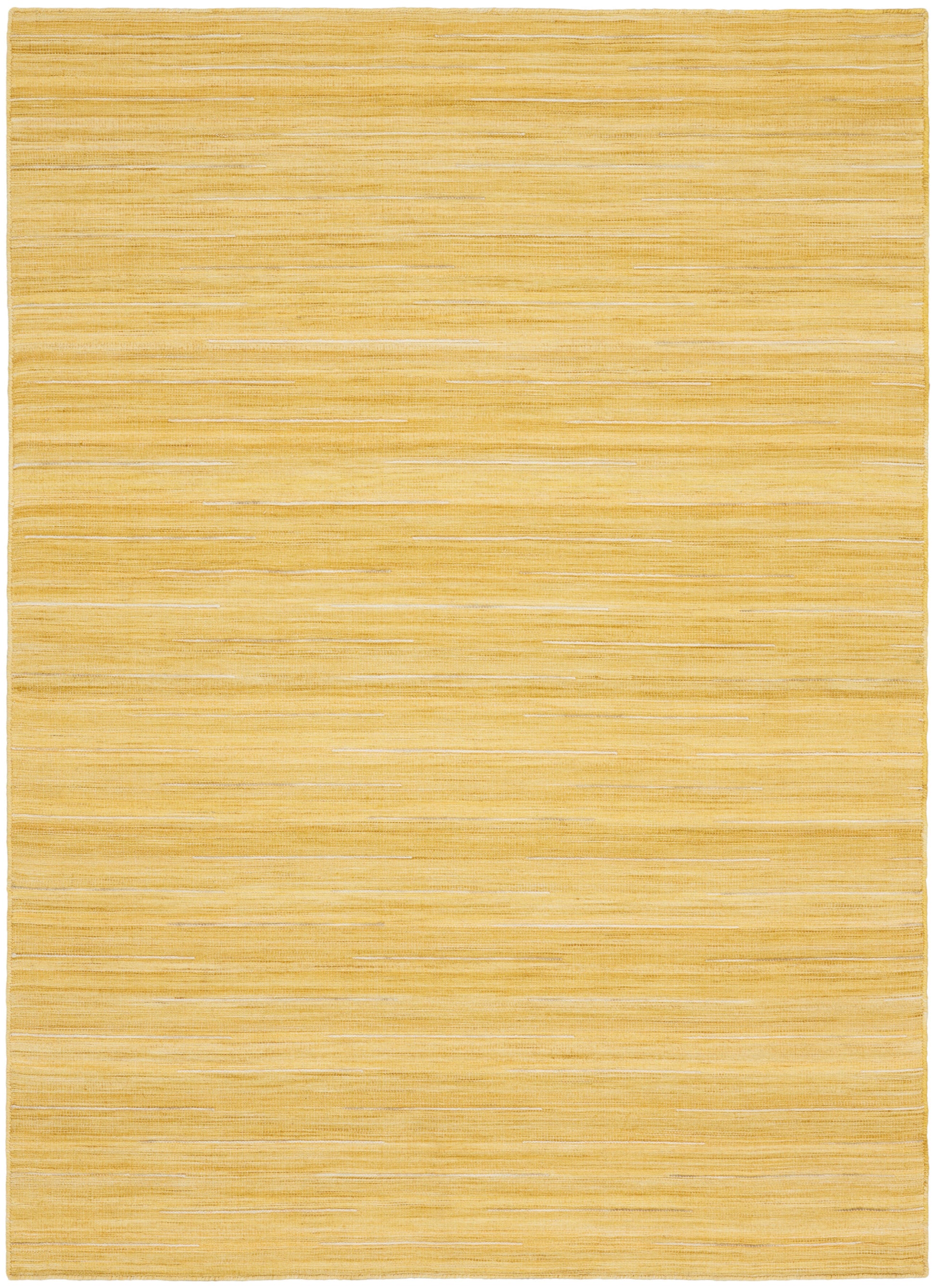 Mustard yellow flat-weave rug with subtle horizontal stripe texture; rectangular, cozy warm living room accent.
