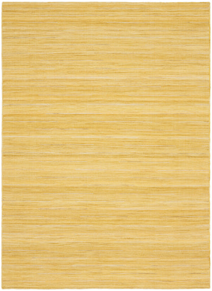 Mustard yellow flat-weave rug with subtle horizontal stripe texture; rectangular, cozy warm living room accent.