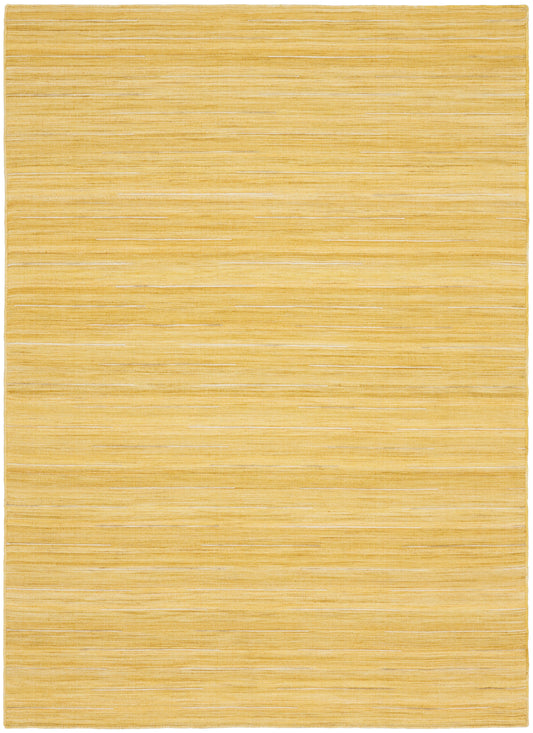 Mustard yellow flat-weave rug with subtle horizontal stripe texture; rectangular, cozy warm living room accent.