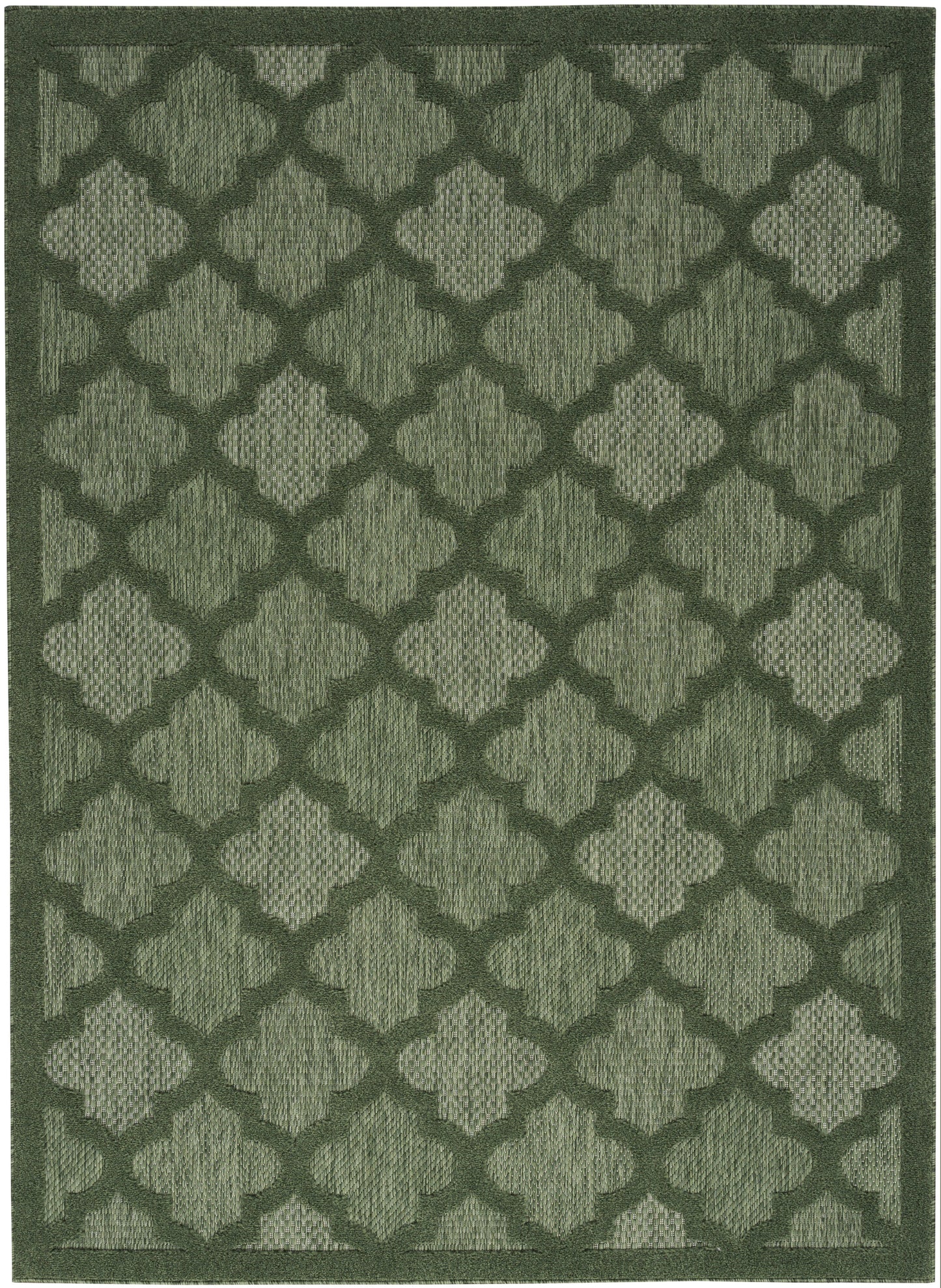 Dark olive-green area rug with interlocking quatrefoil trellis pattern and textured weave, bordered edges.