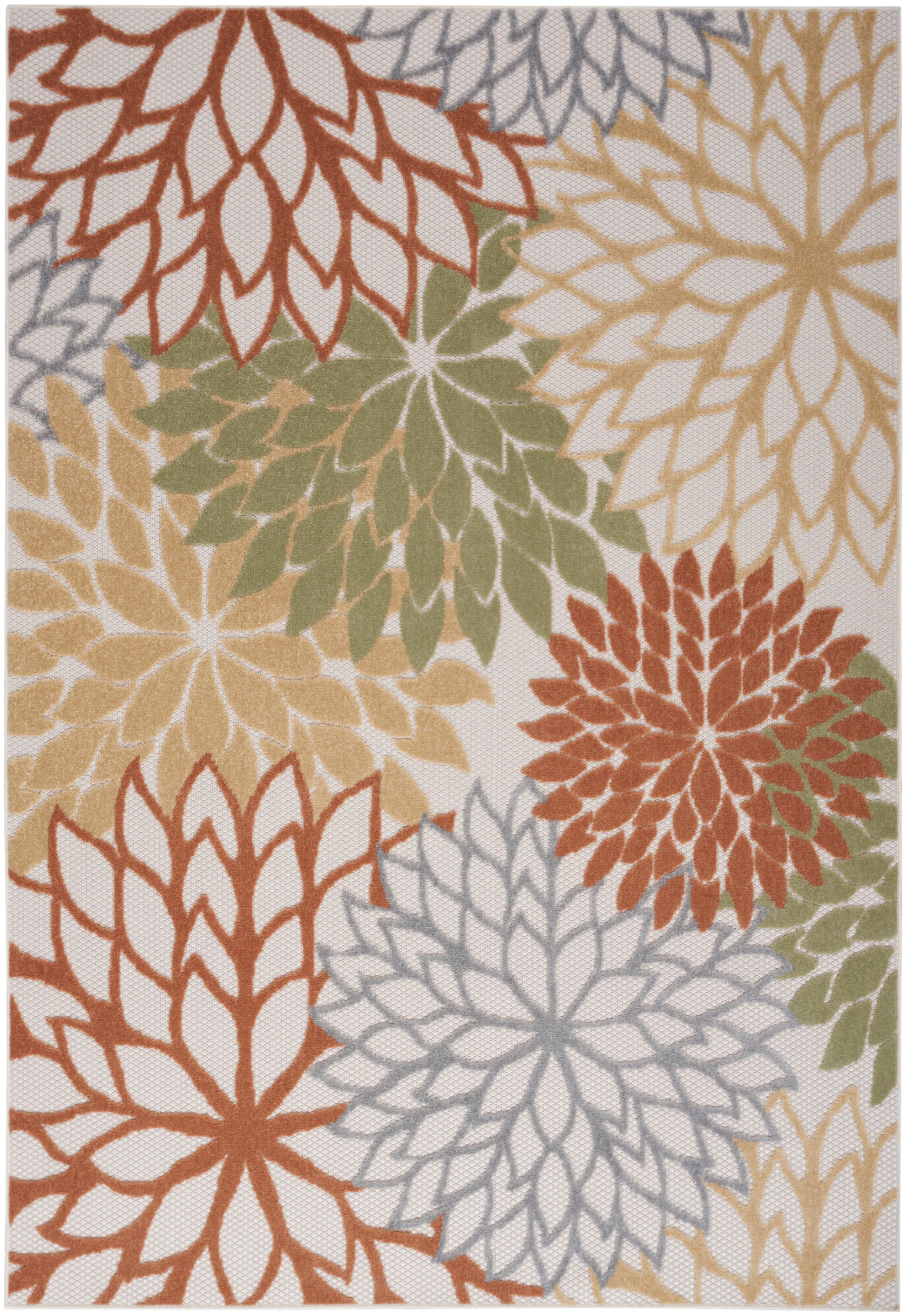 Colorful floral rug with large dahlia-like bursts in rust, olive, sand & gray on beige background.