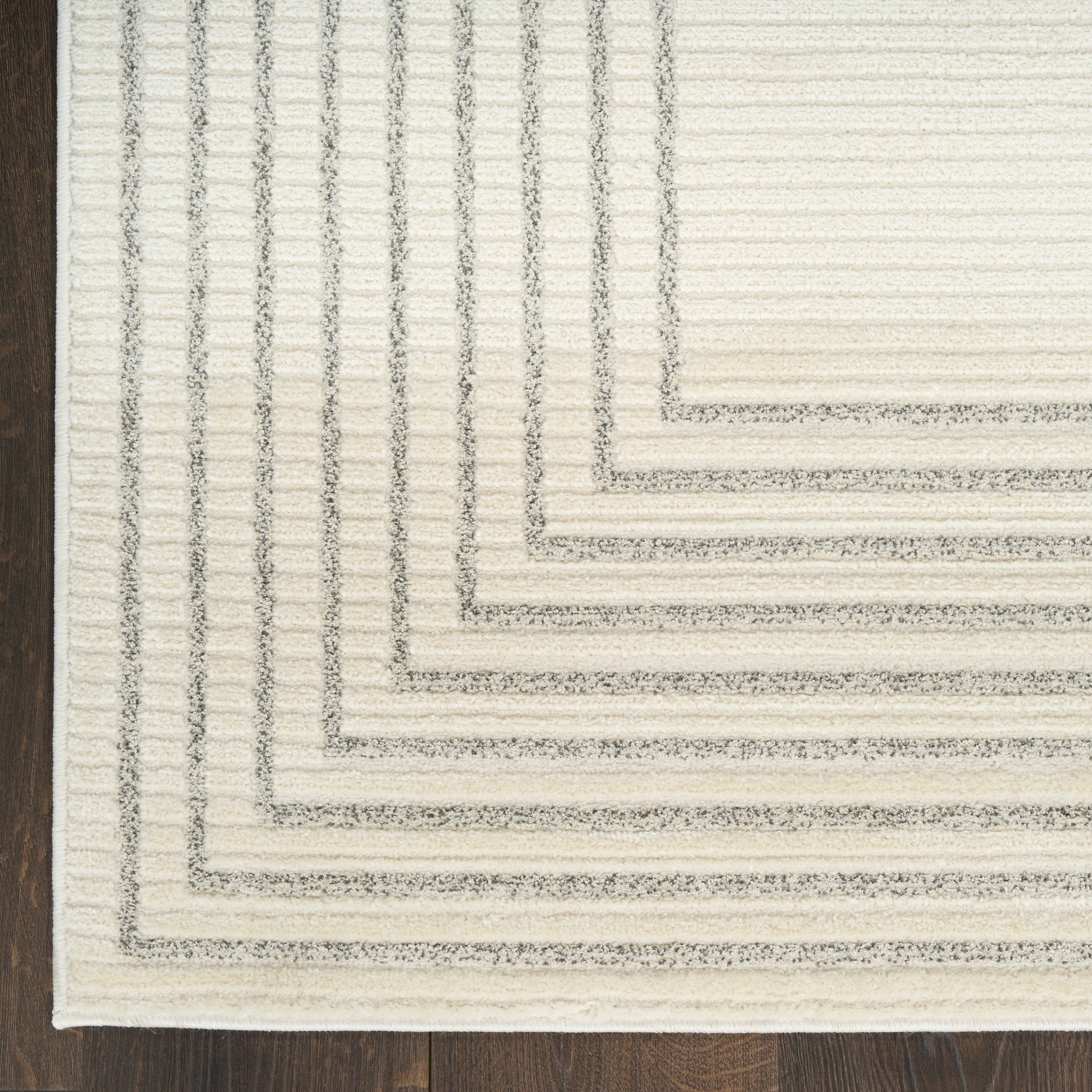 Cream rectangular area rug with textured pile and light gray nested rectangular borders on dark wood floor.