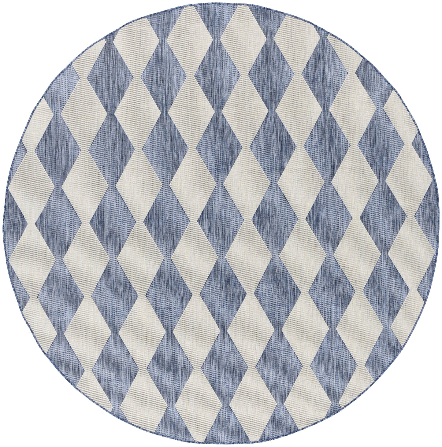 Round rug with blue and ivory diamond harlequin pattern, woven texture.