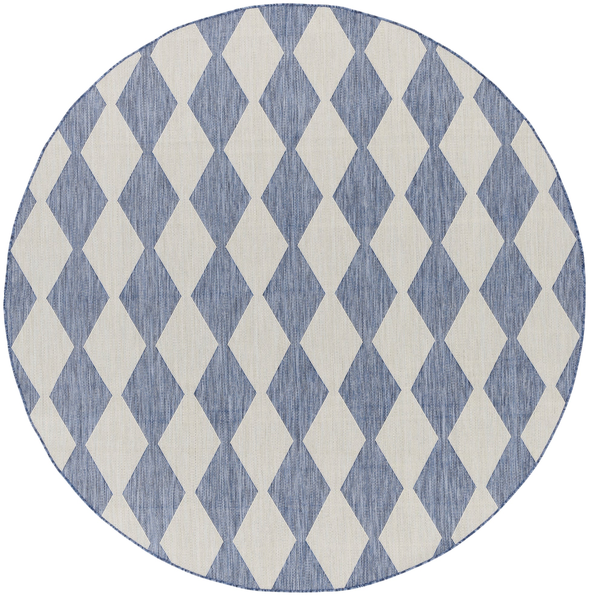 Round rug with blue and ivory diamond harlequin pattern, woven texture.